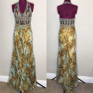 Turquoise and Camel Evening Gown